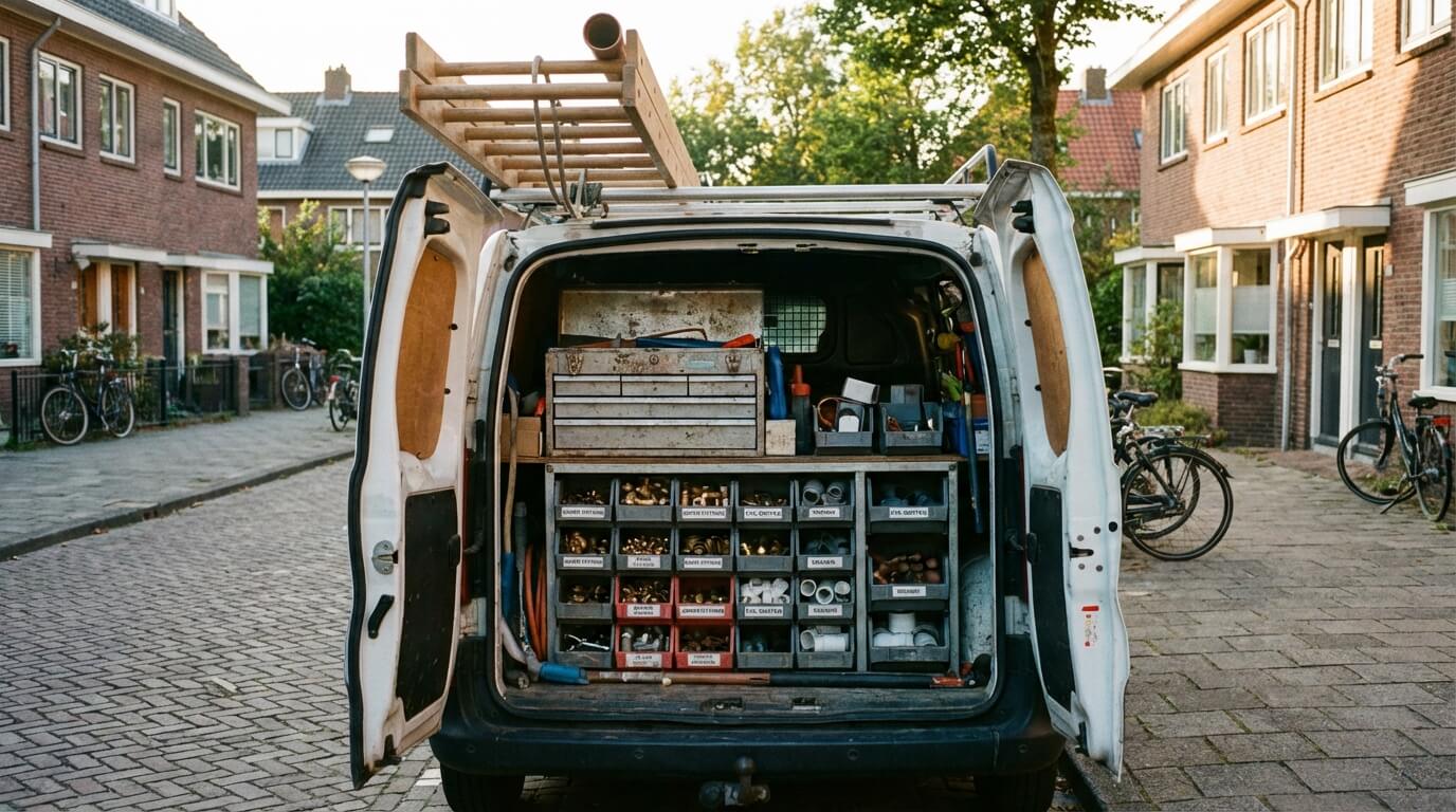 Loodgieter aan het werk aan koperen leidingen in een Amsterdamse woning